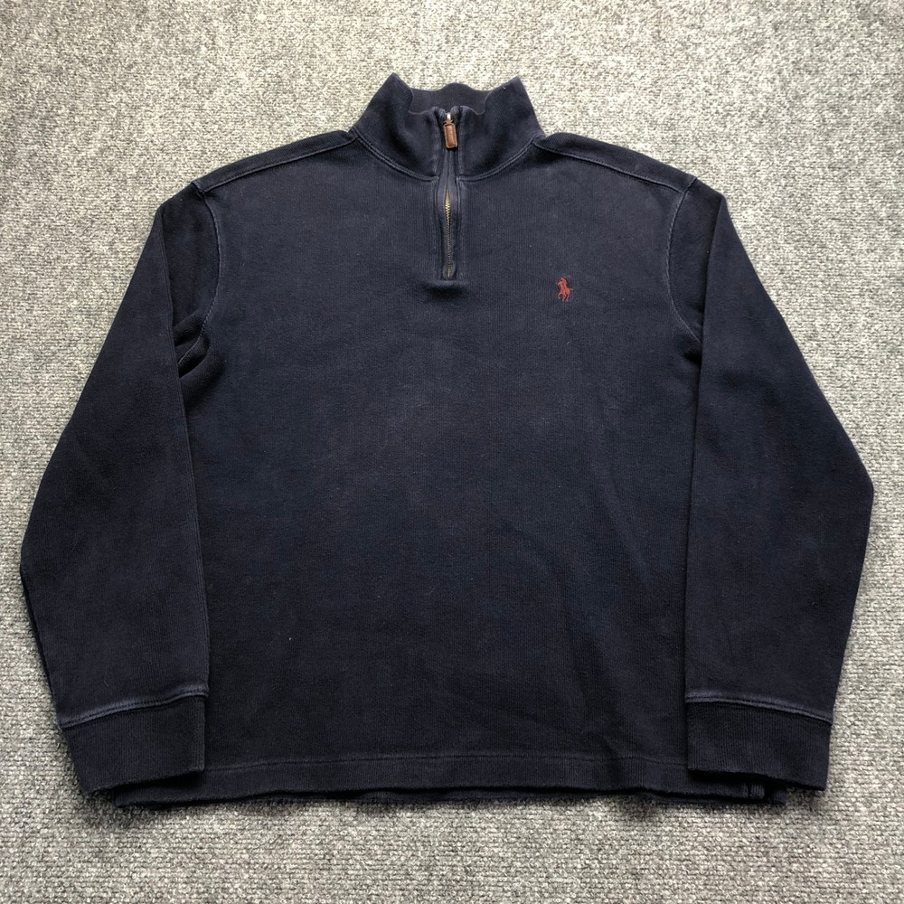 Polo Ralph Lauren Mens Medium Navy Blue Quarter Zip Ribbed Cotton Sweater